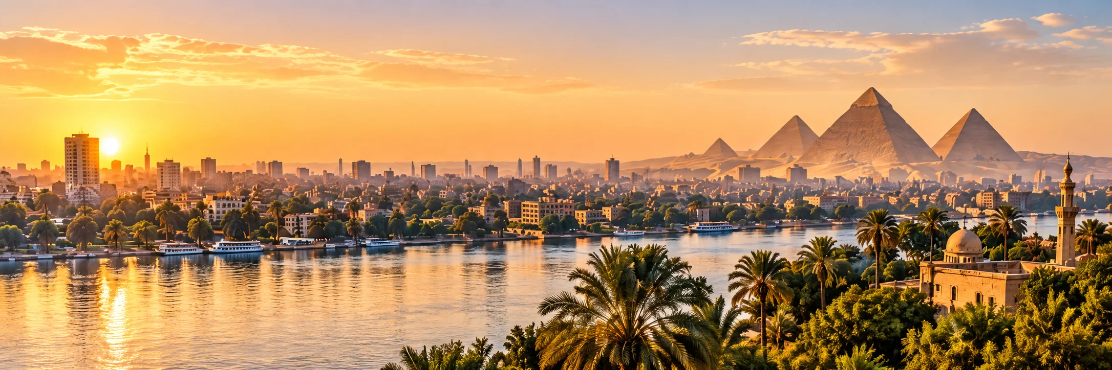 Artistic Cairo montage of the Nile waterfront, skyline and pyramids