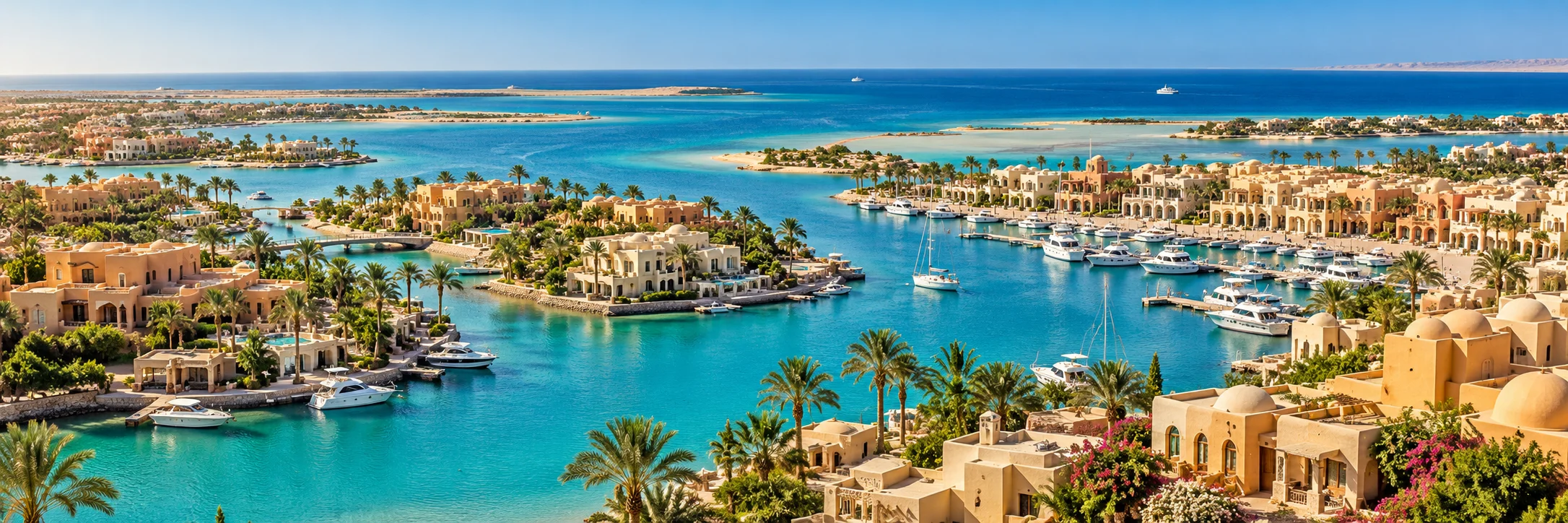 Illustrative Red Sea waterfront with turquoise lagoons and marina