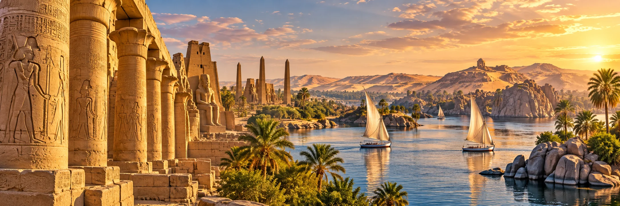 Artistic montage inspired by Luxor temples and the Nile at Aswan